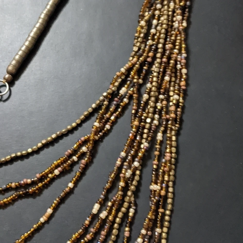 𝅺Brown Cream Neutral Tones Long Beaded Multi Strand Layered Statement Necklace